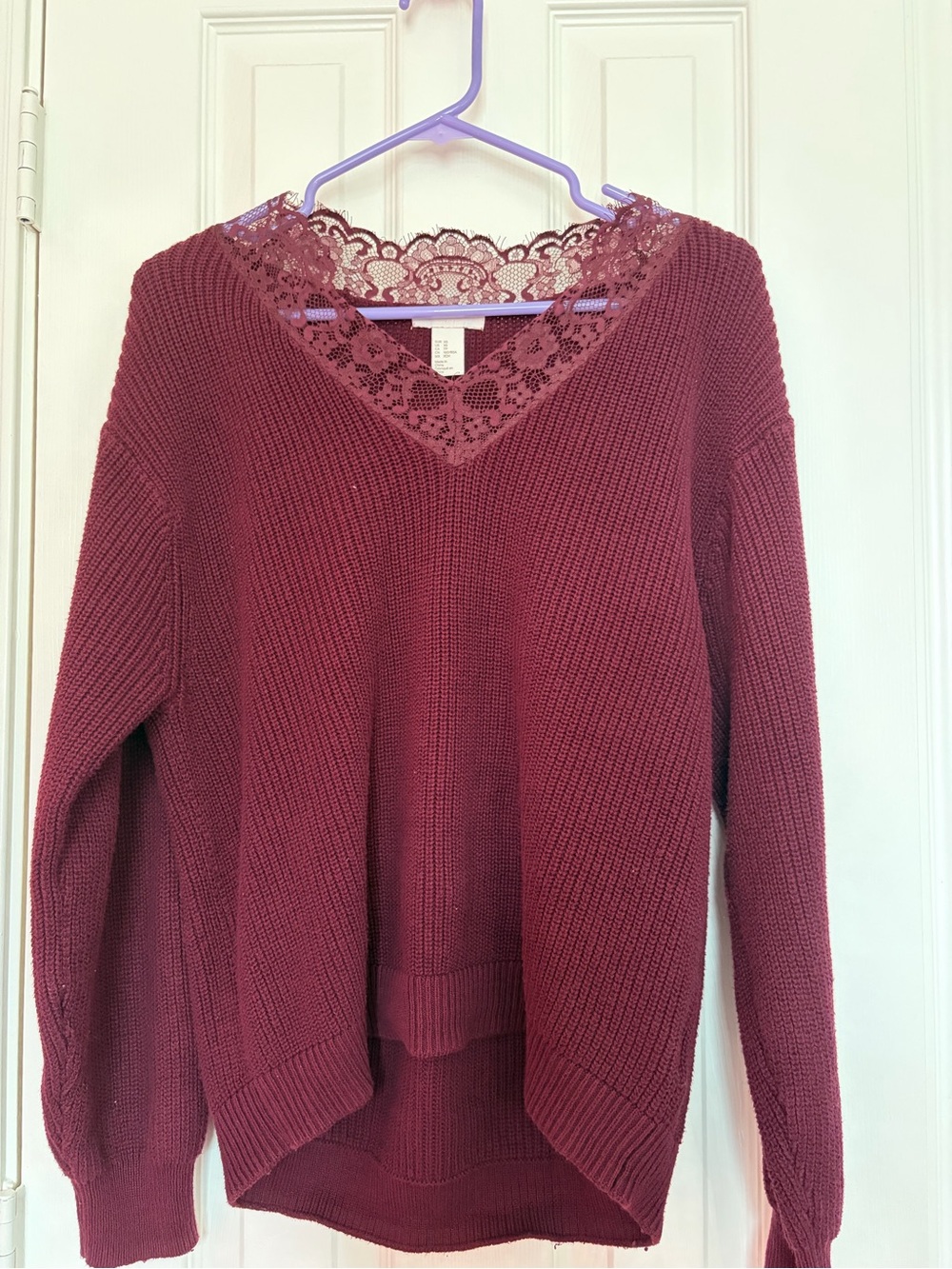 H&M 100% Cotton Lace-Trim V-Neck Knit Sweater - Wine